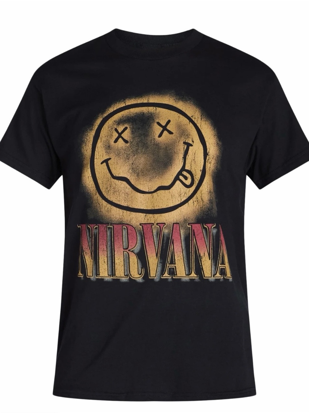NIRVANA Black Tee with Yellow Spray Smiley and Red-Gradient Logo NWT 100% cotton